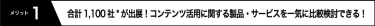 メリット1  合計1,100社*が出展！コンテンツ活用に関する製品・サービスを一気に比較検討できる！