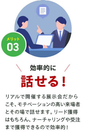 メリット03【効率的に話せる】リアルで開催する展示会だから こそ、モチベーションの高い来場者とその場で話せます。リード獲得はもちろん、ナーチャリングや受注まで獲得できるので効率的！