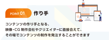 作り手 コンテンツの作り手となり、映像・CG制作会社やクリエイターに直接会えて、その場でコンテンツ制作を発注することができます。